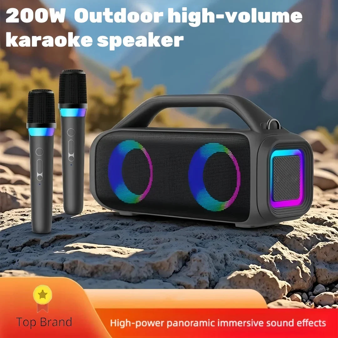 Black 200w karaoke machine with colorful disco lights, portable bluetooth speaker, and handle for type beat music use