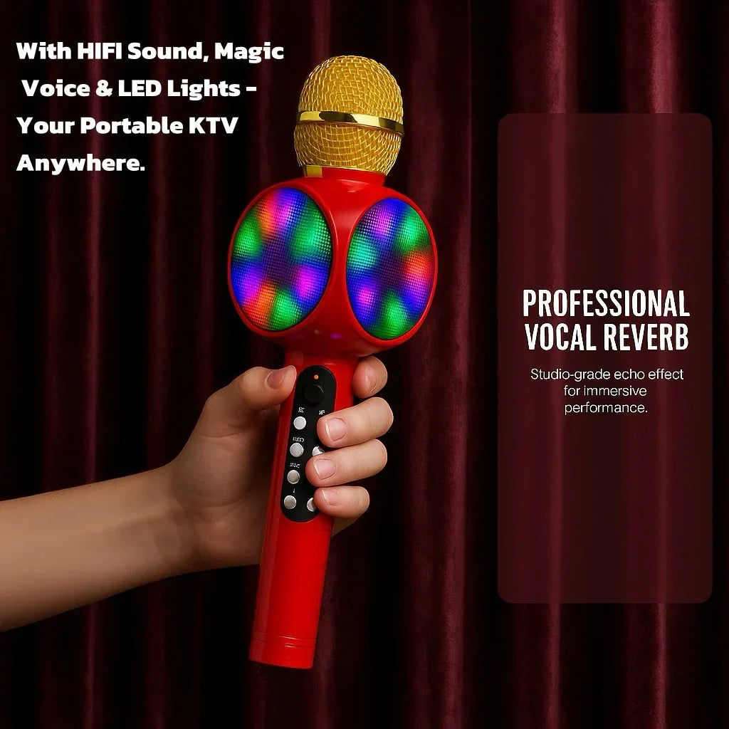 Red handheld wireless karaoke machine microphone with gold mesh grille colorful led lights and magic voice changer