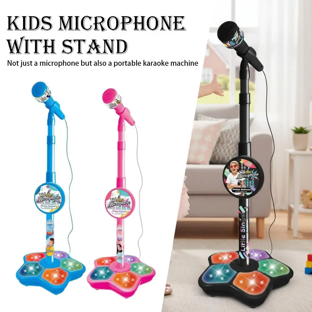 Blue and pink kids singing microphone karaoke machine toy with colorful illuminated pedal bases for confidence building creative play