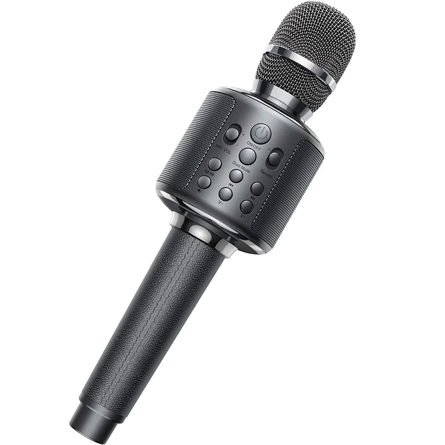 Black karaoke microphone bluetooth wireless mic with textured grip silver accents for duet sing record play reverb use