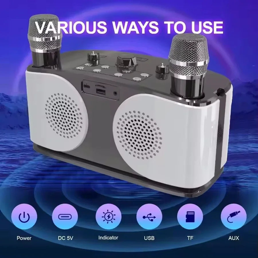Silver and white karaoke portable wireless speaker with two built-in microphones and powerful sound box music subwoofer