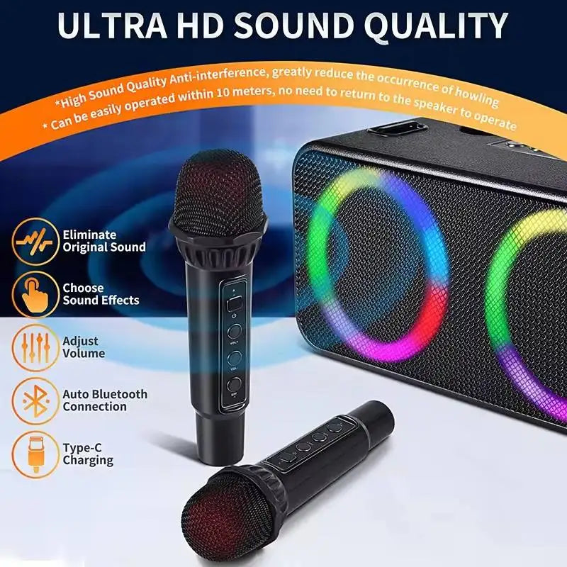 Black wireless karaoke sound bluetooth microphone with mesh grille and control buttons for portable outdoor singing machine home ktv