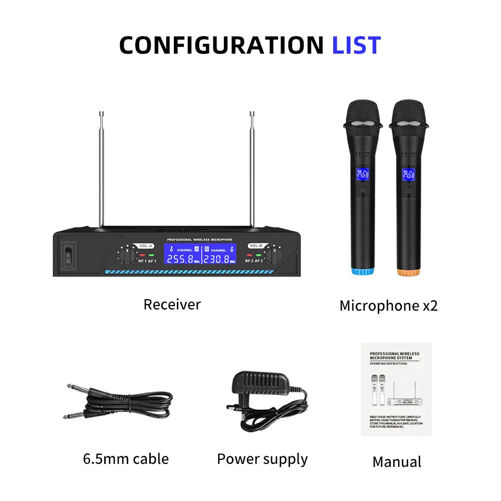 Black karaoke wireless microphone system g210v professional with two handheld mics and receiver for party show use