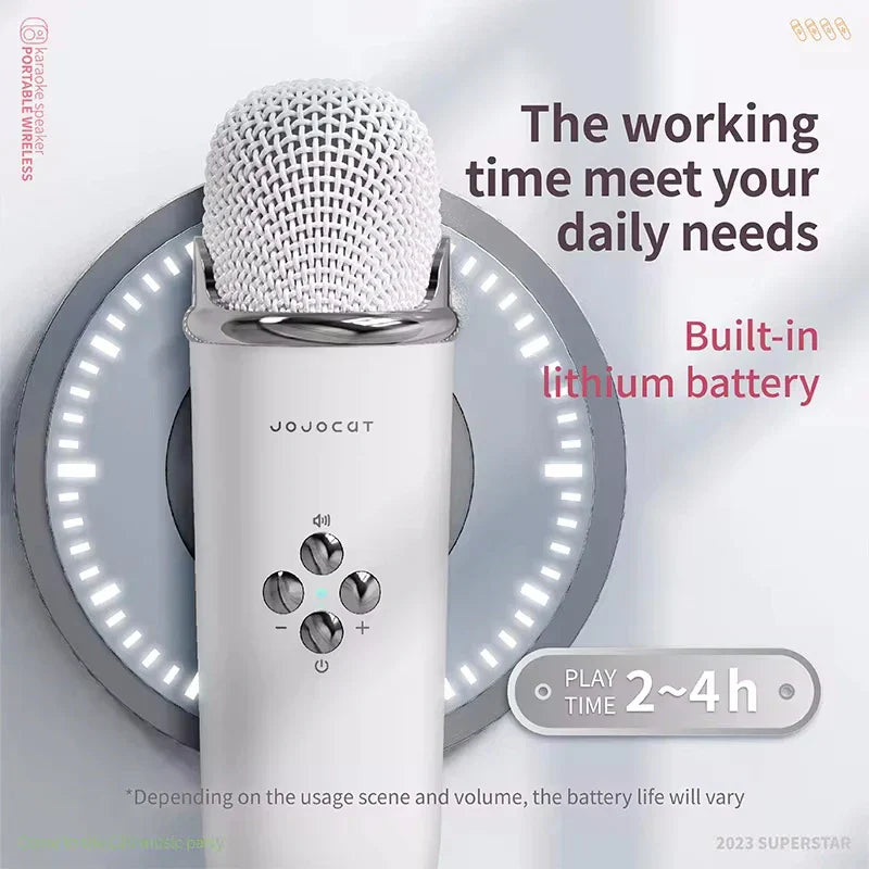 White jojocat karaoke wireless portable microphone with mesh grille and control buttons for radio fm machine use
