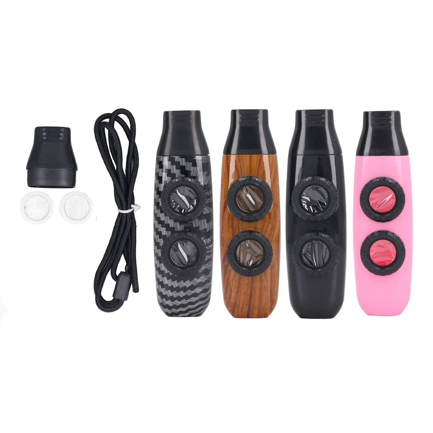Set of four kazoo flute dual hole flute adjustable vaporizers in carbon fiber wood grain matte black and pink with diaphragm