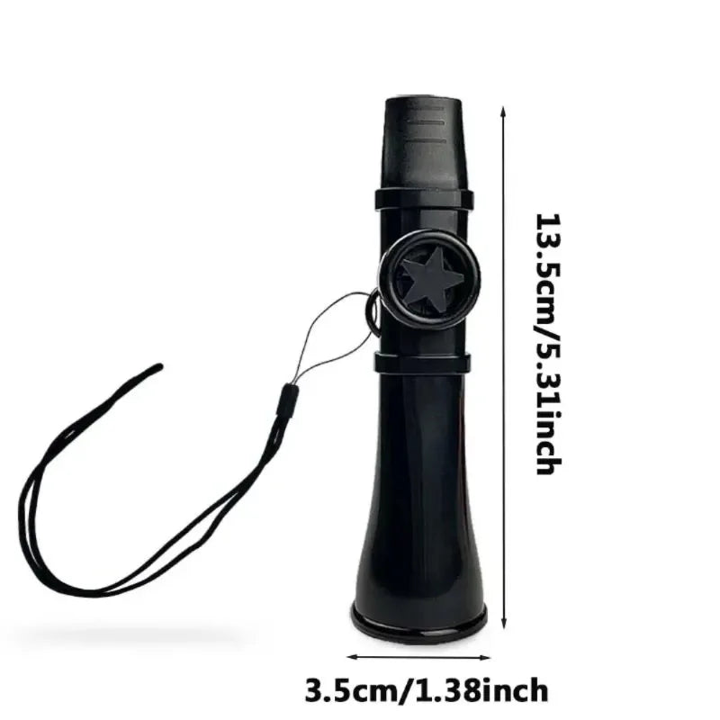 Black plastic kazoo with star emblem and lanyard offering professional sound quality for musical instrument players