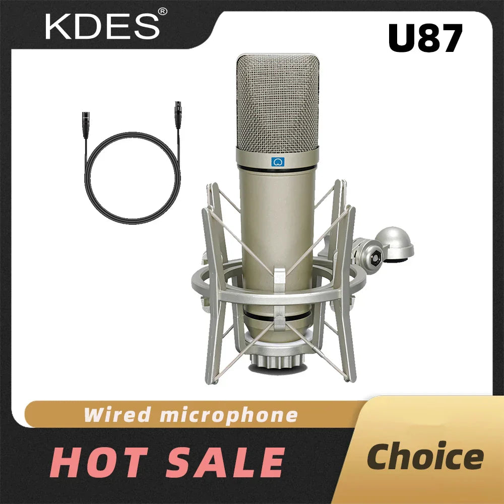 Kdes u87 ai xlr condenser microphone with metallic silver body and mesh grille mounted in shock mount for recording podcasting voice streaming home studio