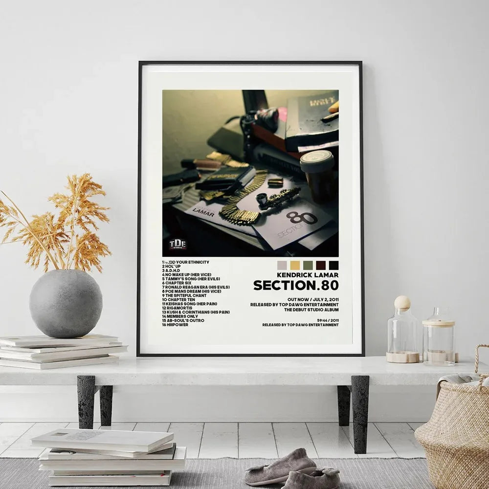 Black-framed poster featuring Kendrick Lamar section 80 album artwork with monochrome jewelry photo and color swatches below tracklist
