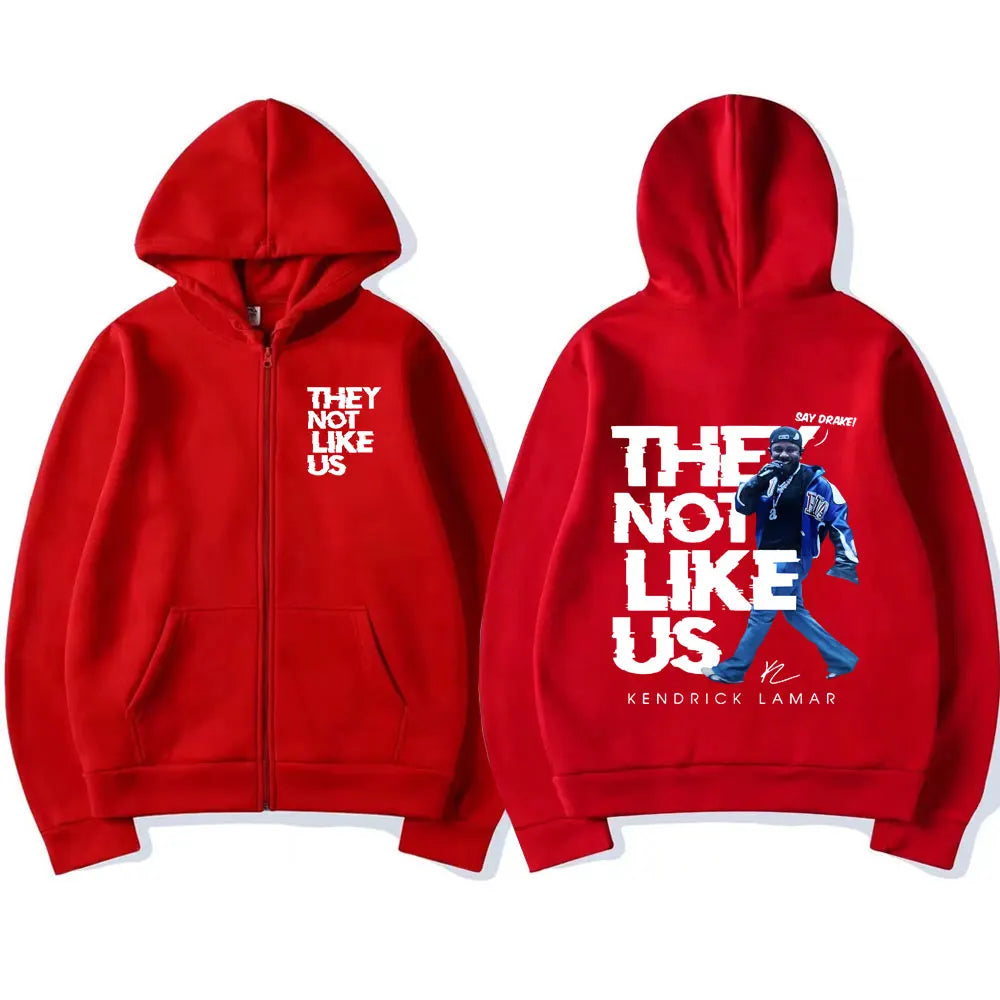 Red zipper hoodie featuring kendrick lamar graphic print they not like us and signature for clothing hip hop and zipper hoodies men