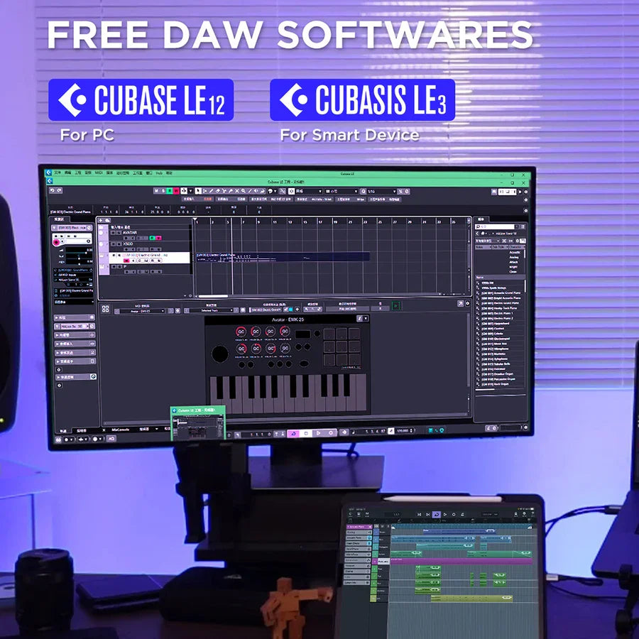 Black keyboard midi controller with 25 keys and backlit beat pads displaying cubasis le software on monitor