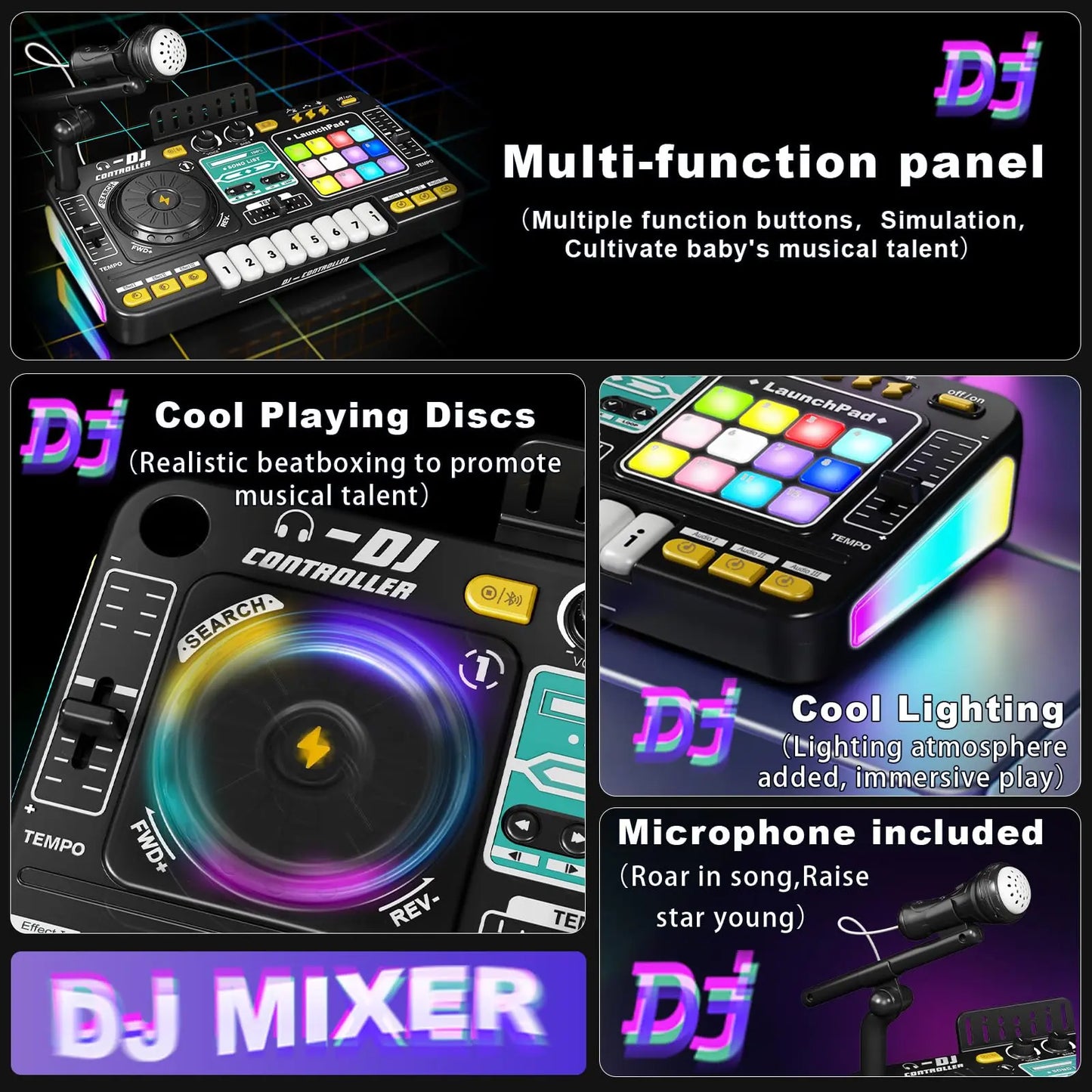 Black plastic kid dj mixer with colorful illuminated buttons and spinning vinyl turntable controller musical instrument