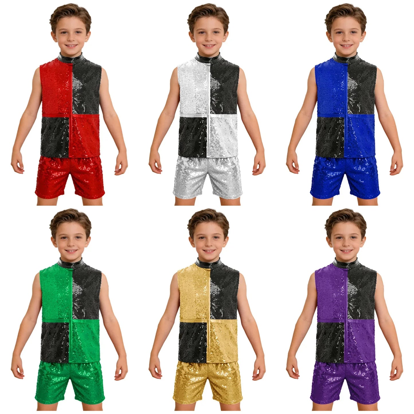 Kids boys hip hop jazz dance outfit with shiny sequins color block vest and shorts featuring invisible zipper for dance performances