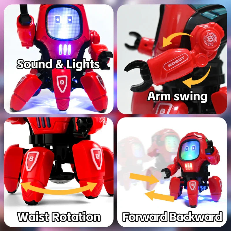 Red and black kids dance robot with glowing blue eyes led lights and articulated arms for education baby toy use