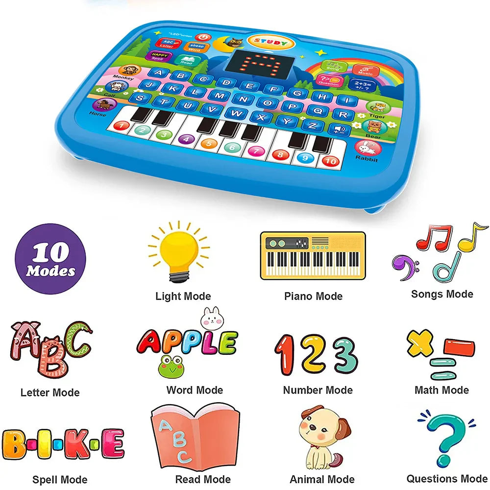 Blue plastic kids education tablet toy keyboard with colorful keys and cartoon animals for literacy math music learning