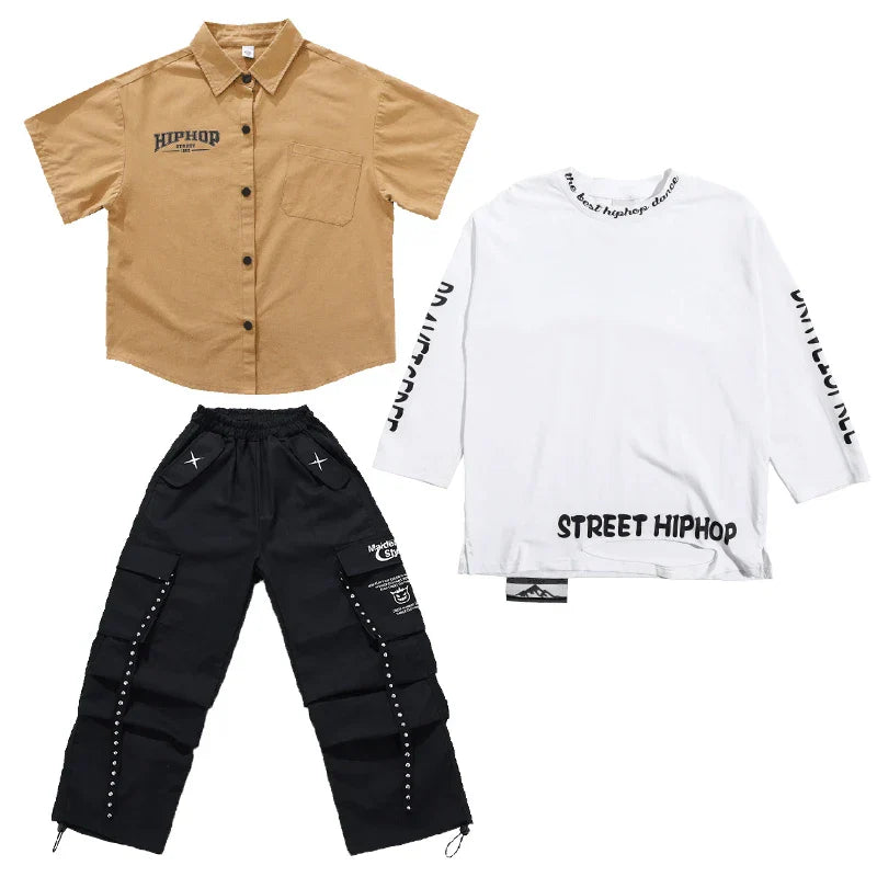 Tan short-sleeved button-up shirt with hiphop print and black buttons for kids hiphop dance style y2k streetwear clothes outfit japanese