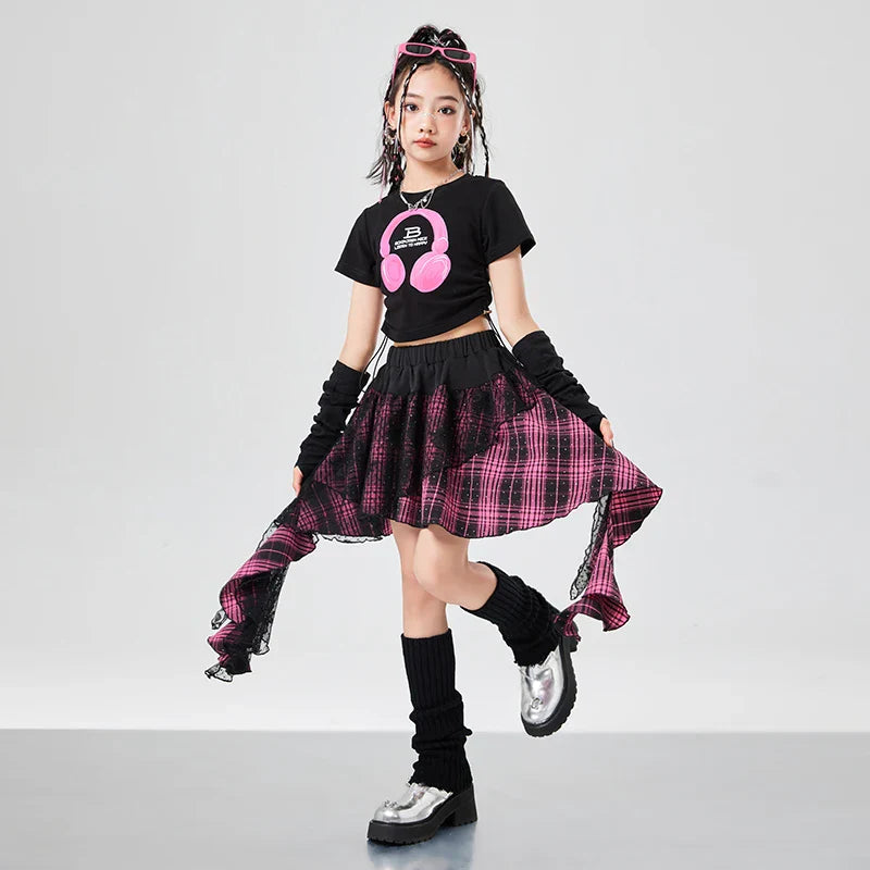 Black crop top featuring pink headphones graphic design for kids hiphop fashion skirt hip hop y2k streetwear outfit