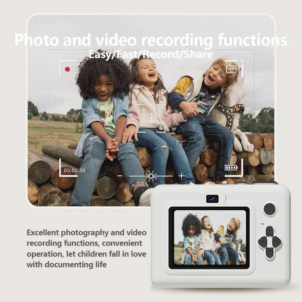 White kids instant print camera with 32GB memory card photo and video puzzle games for girls aged 4 plus