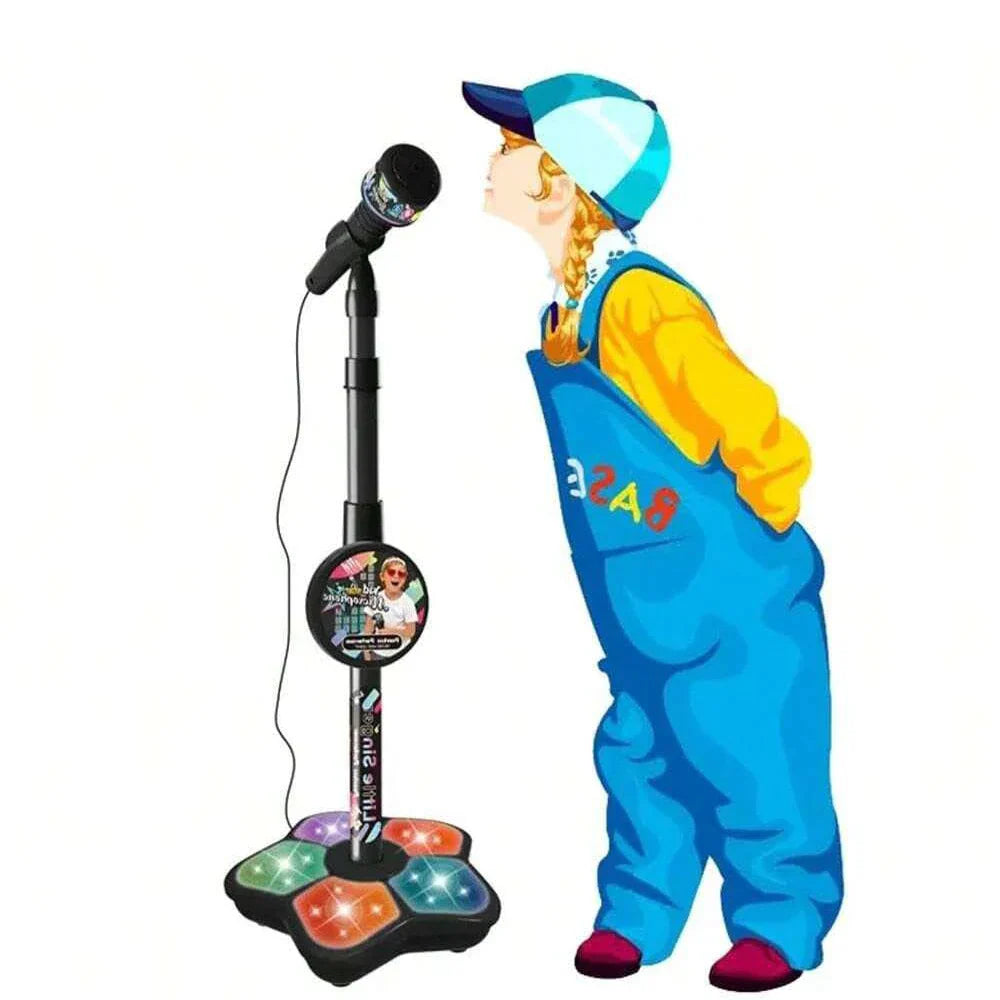 Black kids microphone stand toy with colorful illuminated buttons and circular display panel for party karaoke microphone use