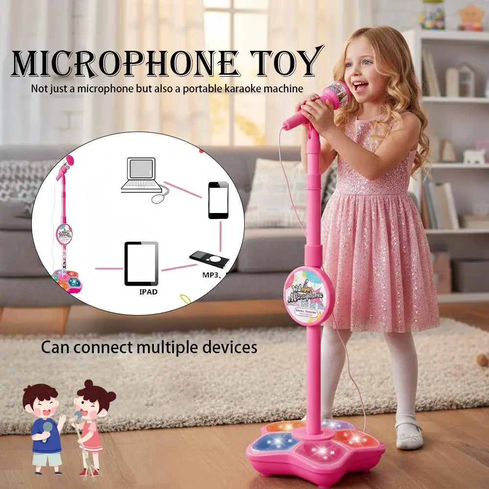 Pink plastic kids microphone with adjustable stand toddler featuring colorful illuminated base and instrument toys singing panel