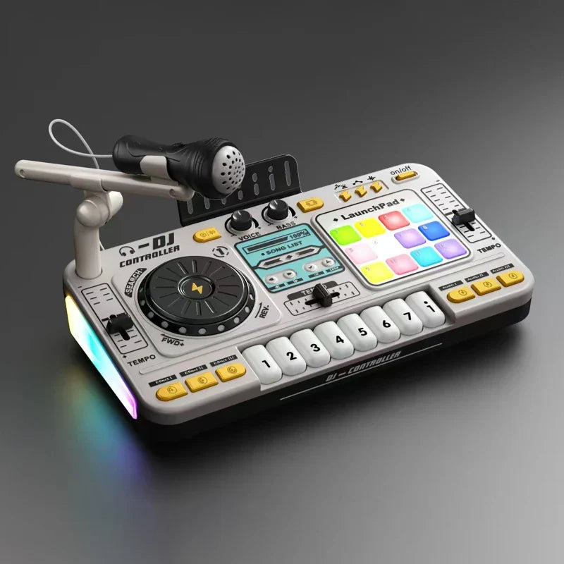 White and black toy dj controller with colorful illuminated pads multifunctional music effects and attached microphone for kids electronic learning game