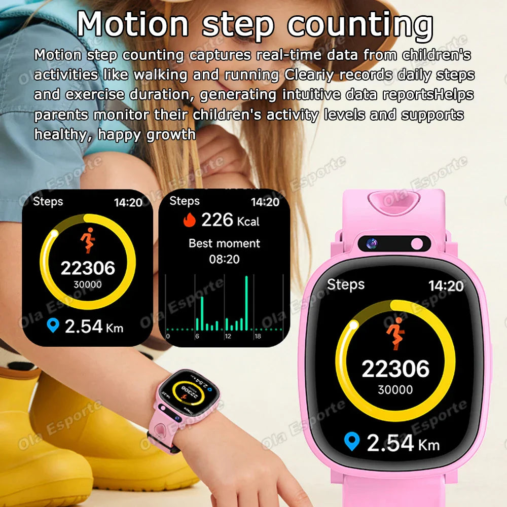 Pink childrens smartwatch hd camera with rounded screen showing step count and distance customizable watch face ideal birthday gift boy