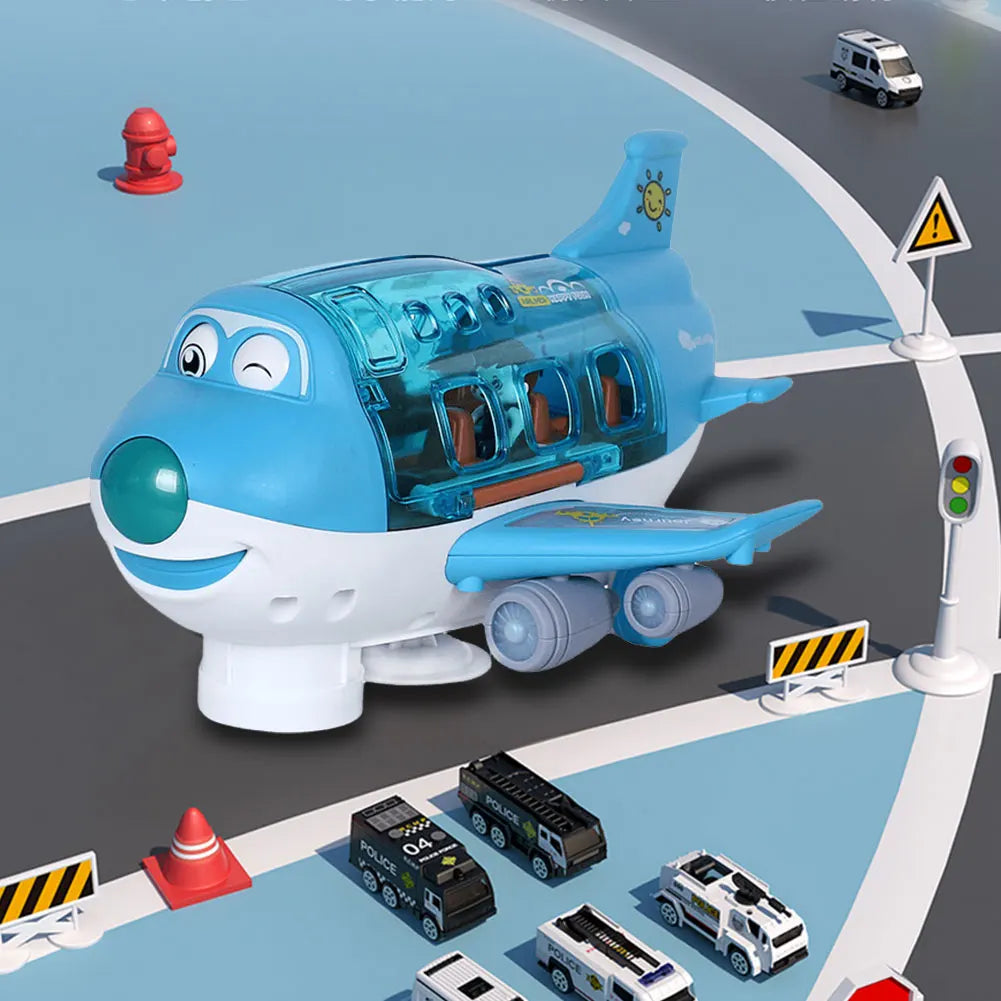 Blue and white electric plane aircraft toy with transparent turquoise cockpit and sun emblem features airplane model music simulation boy design