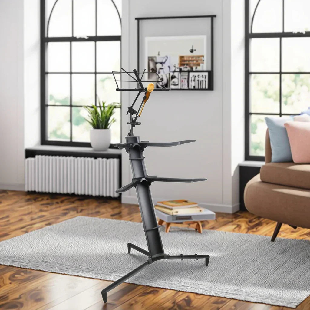 Black metal ks-86b black plane keyboard multiduty stand with adjustable arms and yellow-tipped clip for musical instruments