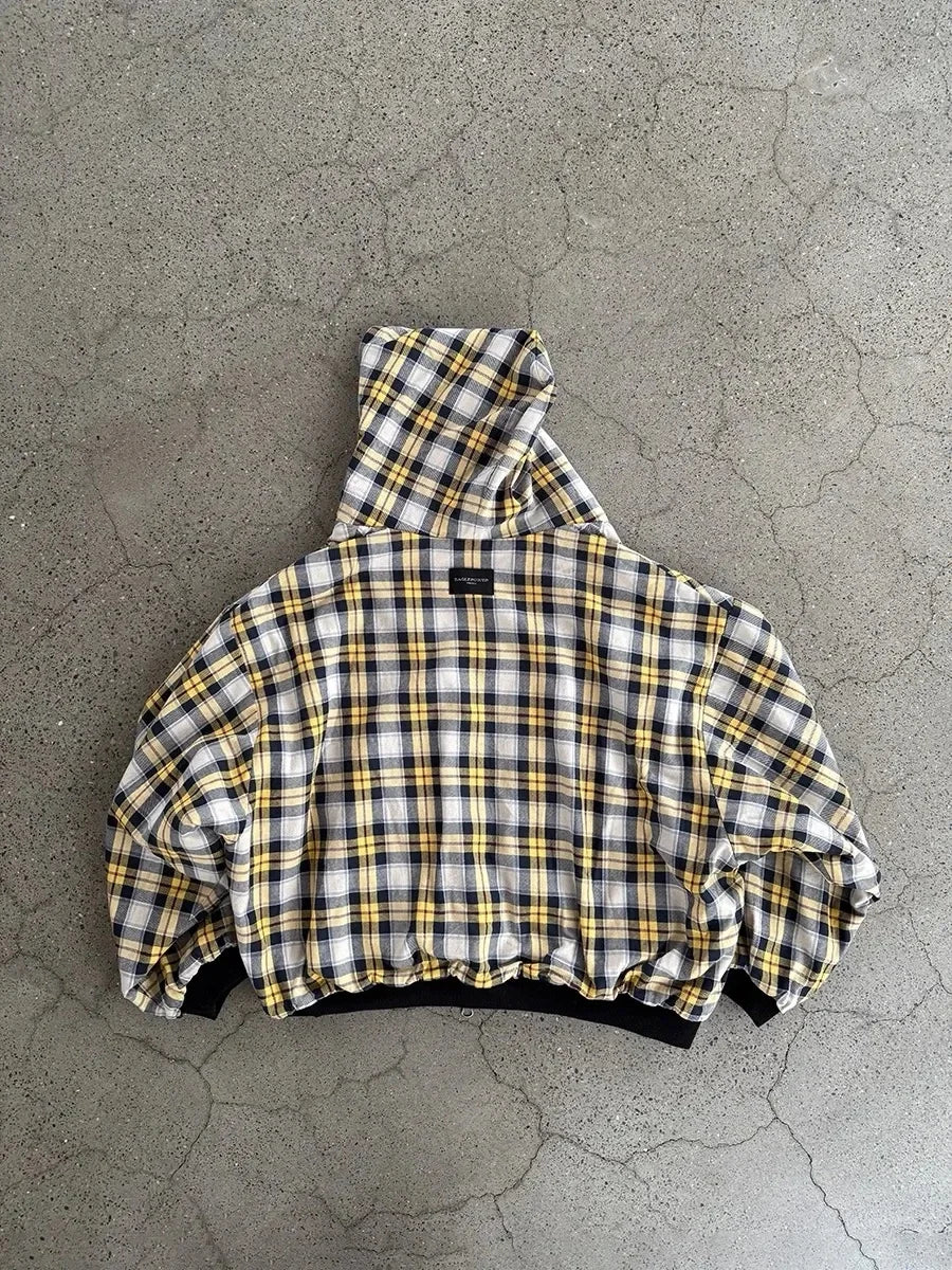 A cropped puffy sleeved hooded black minimalist sweatshirt in yellow plaid with black hem for gothic couple street wear