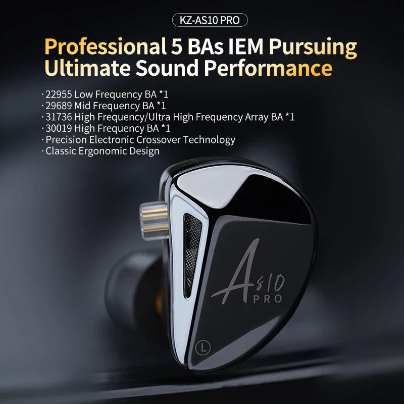 Black and silver kz as10 pro earphones dj gaming with sleek angular design and silver-plated oxygen-free copper iem cable