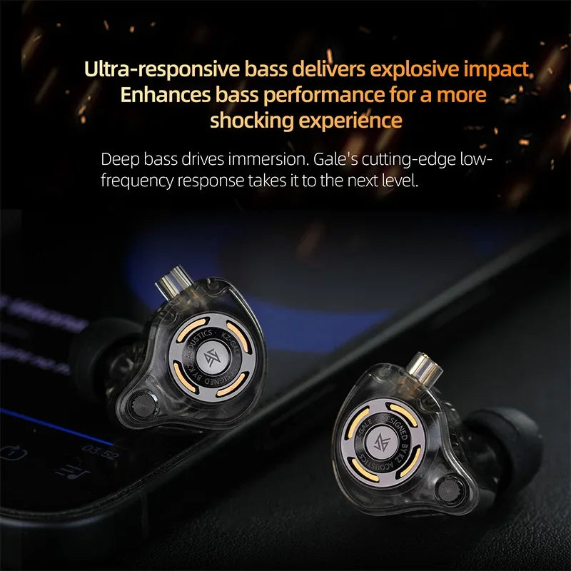 Clear transparent gale earphone hifi with metallic silver accents and gold detailing featuring dynamic driver detachable design