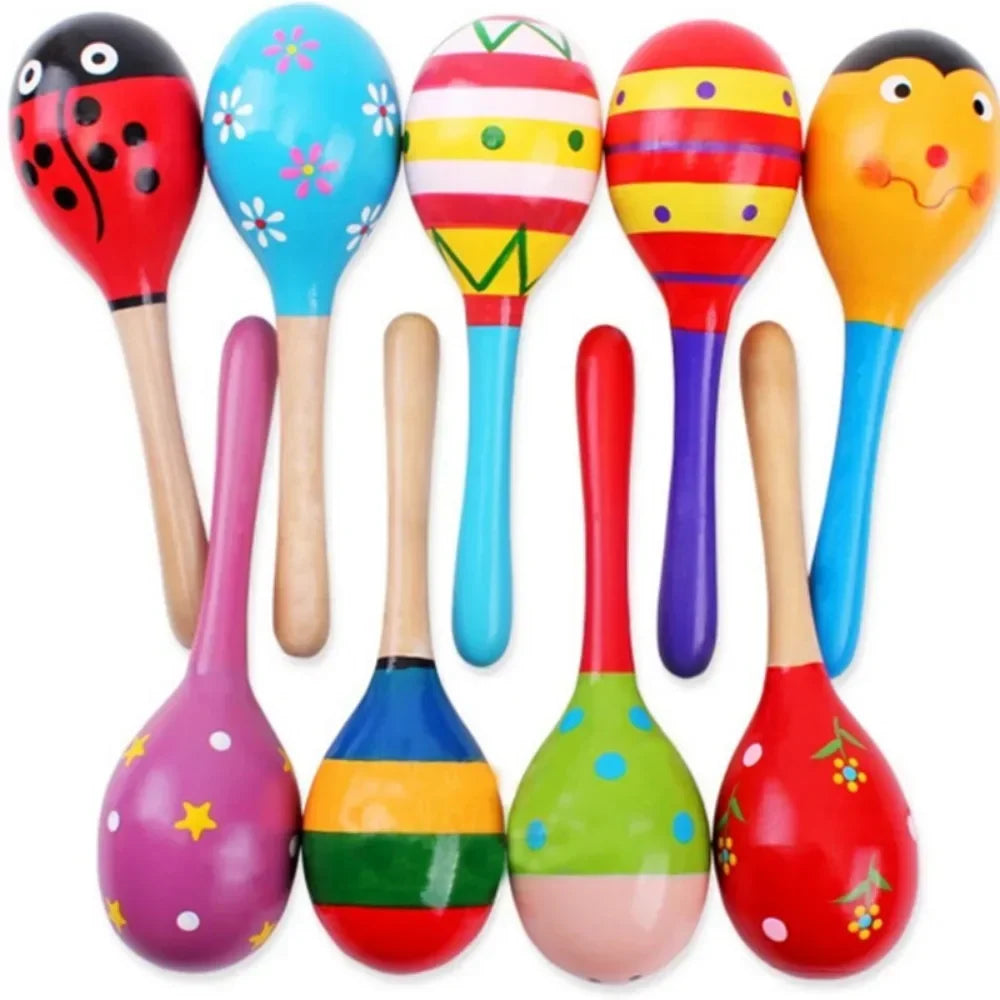 Large montessori baby toy wooden colorful instrument rattle shaker with hand painted playful designs for early learning