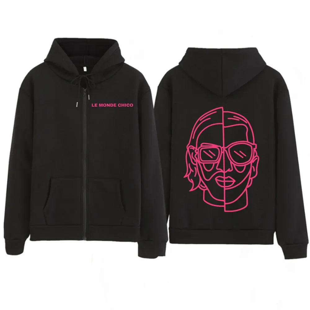 Black monde chico zipper hoodie with pink neon face outline on back and french rapper pnl album graphic text front