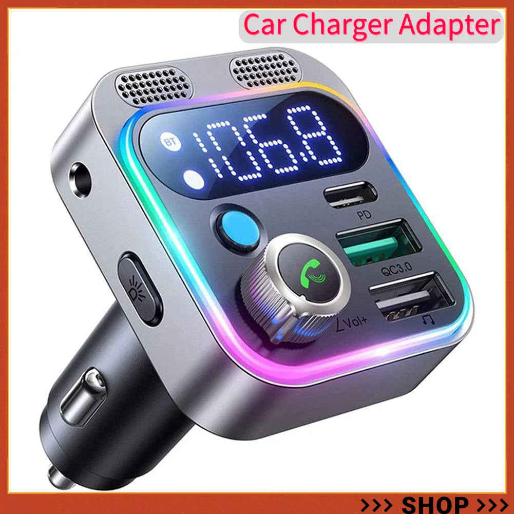 Silver and black car charger adapter with digital display fast charging pd qc3.0 ports led lighting and deep bass sound