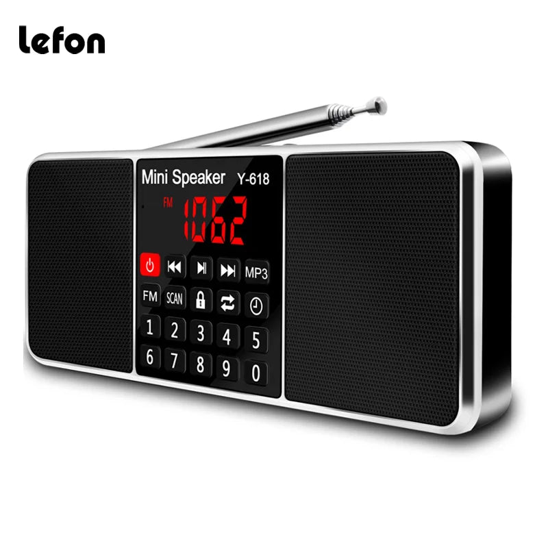 Black and silver lefon digital y-618 mini speaker with digital fm radio support tf card usb led display and numeric keypad