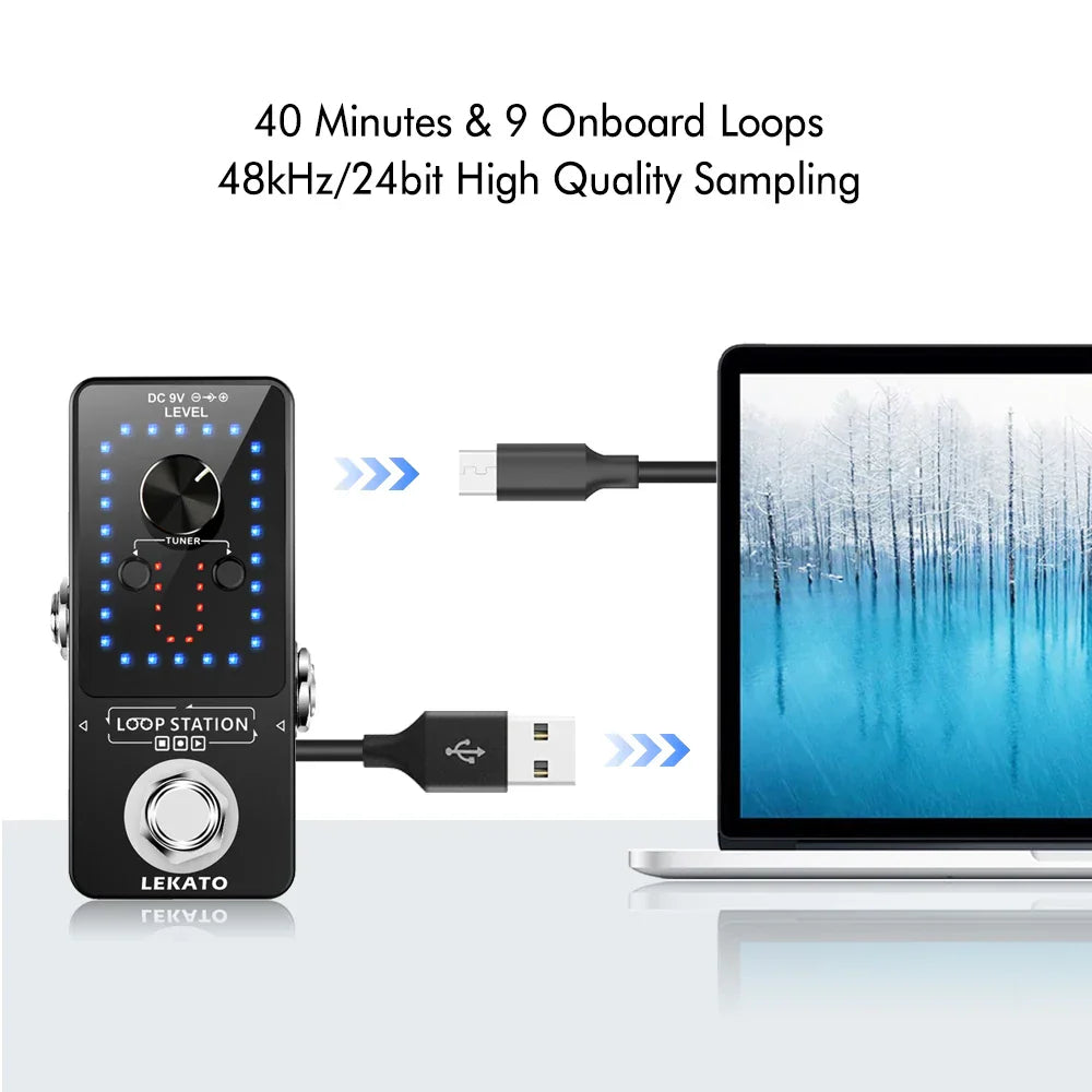 Black lekato guitar effect pedal looper with blue red led lights usb connection tuner overdub guitar time loop station