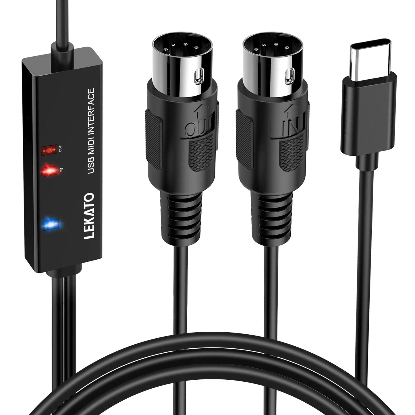 Black lekato usb midi interface with red and blue indicator lights 5-pin din connectors and usb-c cable for music gear