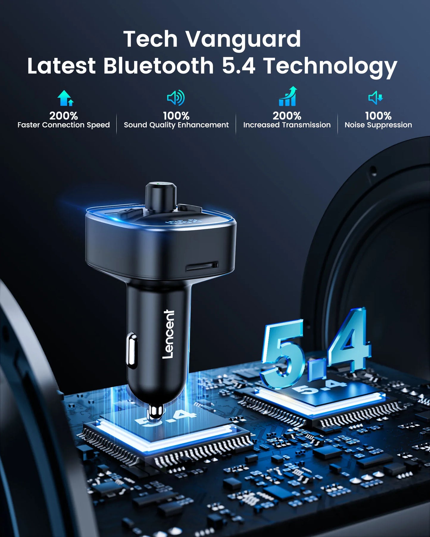 Black lencent car adapter with bluetooth 5.4 technology and blue led accents for hands-free calling wireless radio use