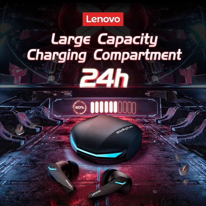 Black lenovo thinkplus wireless earbuds with blue accent lighting and matching charging case dual mode mic gaming music headset waterproof earbuds