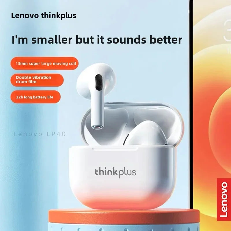 White lenovo thinkplus lp40 bluetooth earphones wireless earbuds in a sleek gradient white and silver charging case for phone music gaming