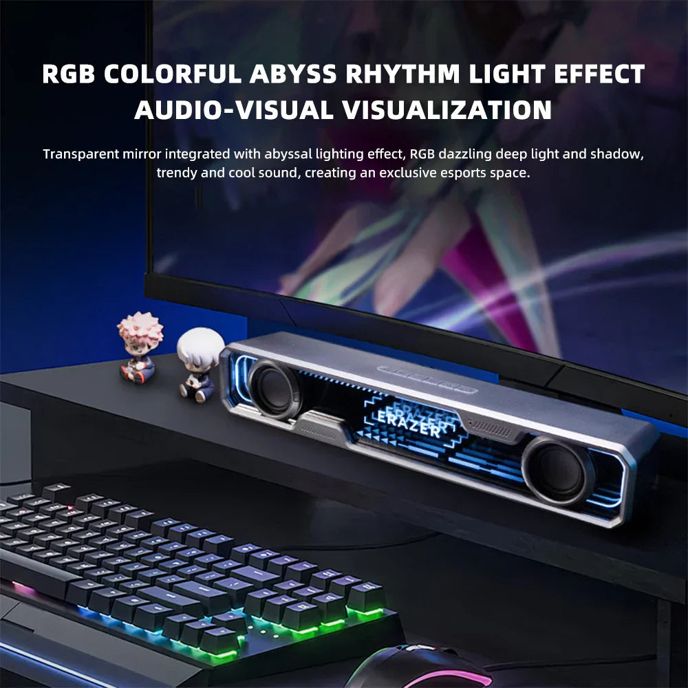 Silver and black razer abyssus rgb audio bar bluetooth speaker rgb with abyss light effect dual bass diaphragm and glowing logo