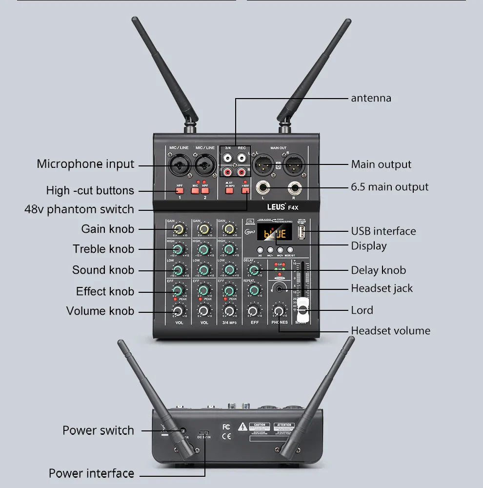 Black leus f4x audio 4 channel sound mixer with dual uhf wireless antennas and microphone dj console for karaoke party