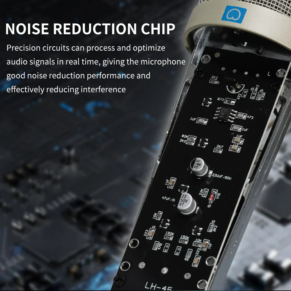 Black circuit board with silver capacitors and lh-4f noise reduction chip in leus u87 ai xlr professional cardioid studio mic for recording podcasting voice