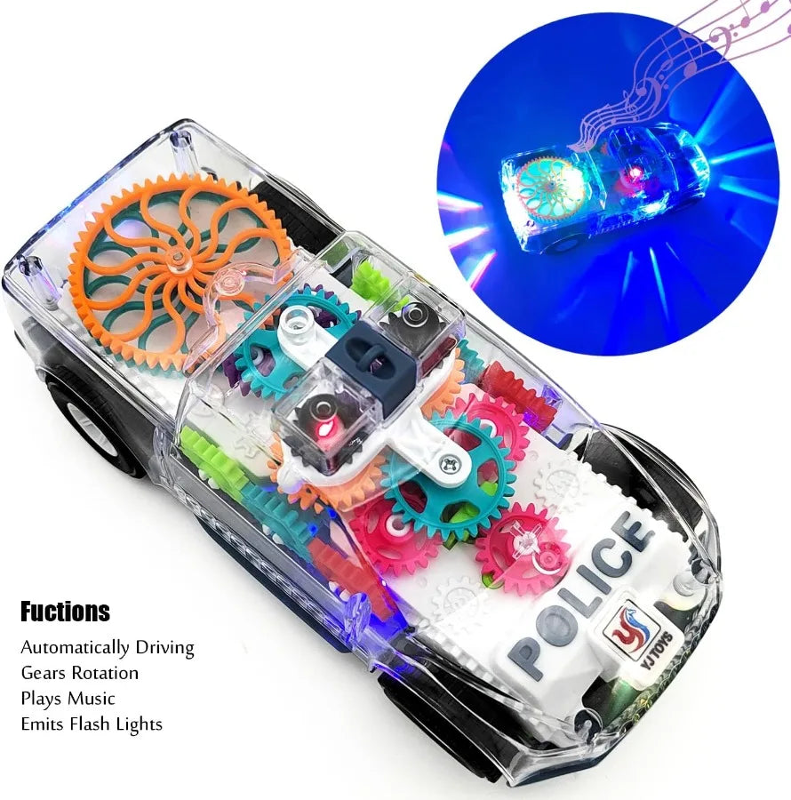 Transparent gears police car toy with colorful flashing lights music led effects for boys girl educational play