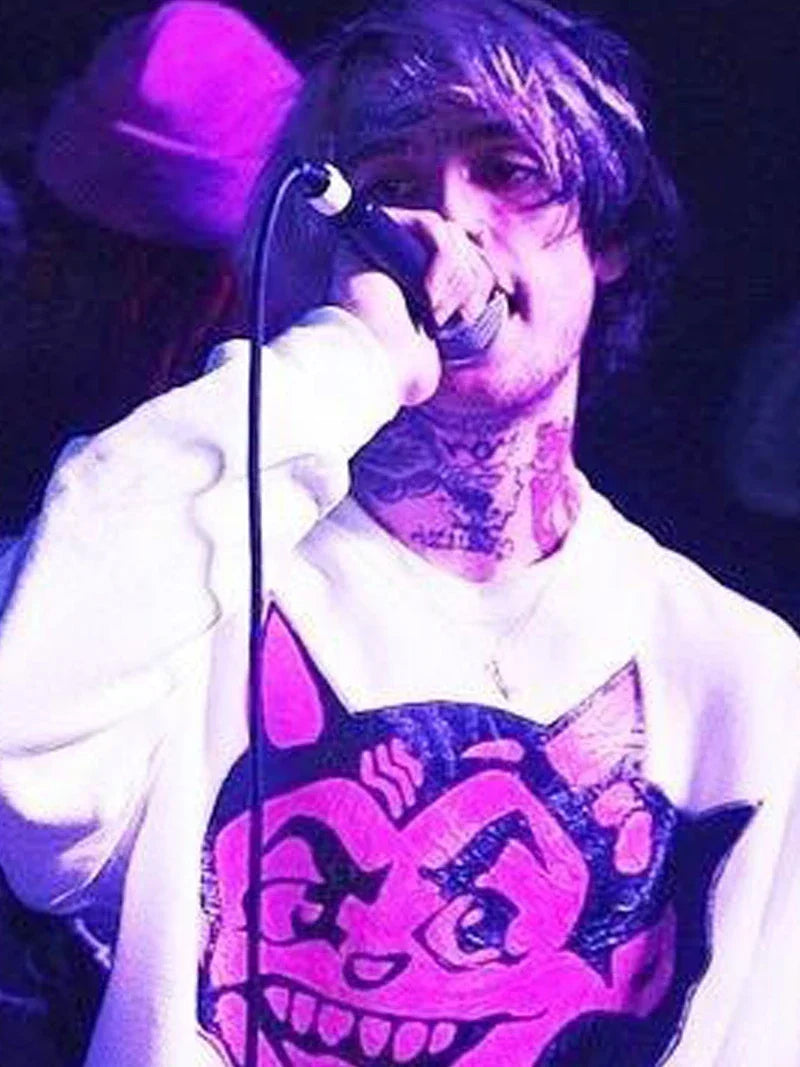 White cotton sweatshirt featuring bold pink and black cartoon devil graphic for lil peep hell boy hip hop tee tshirt womens