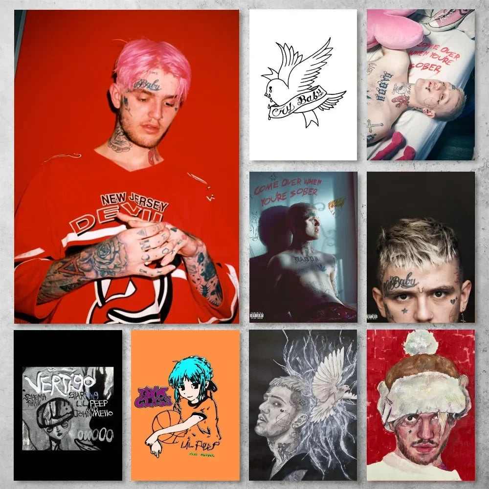 A collage of nine lil peep hellboy rapper poster gallery prints with bold red black orange and white colors manual measurement included