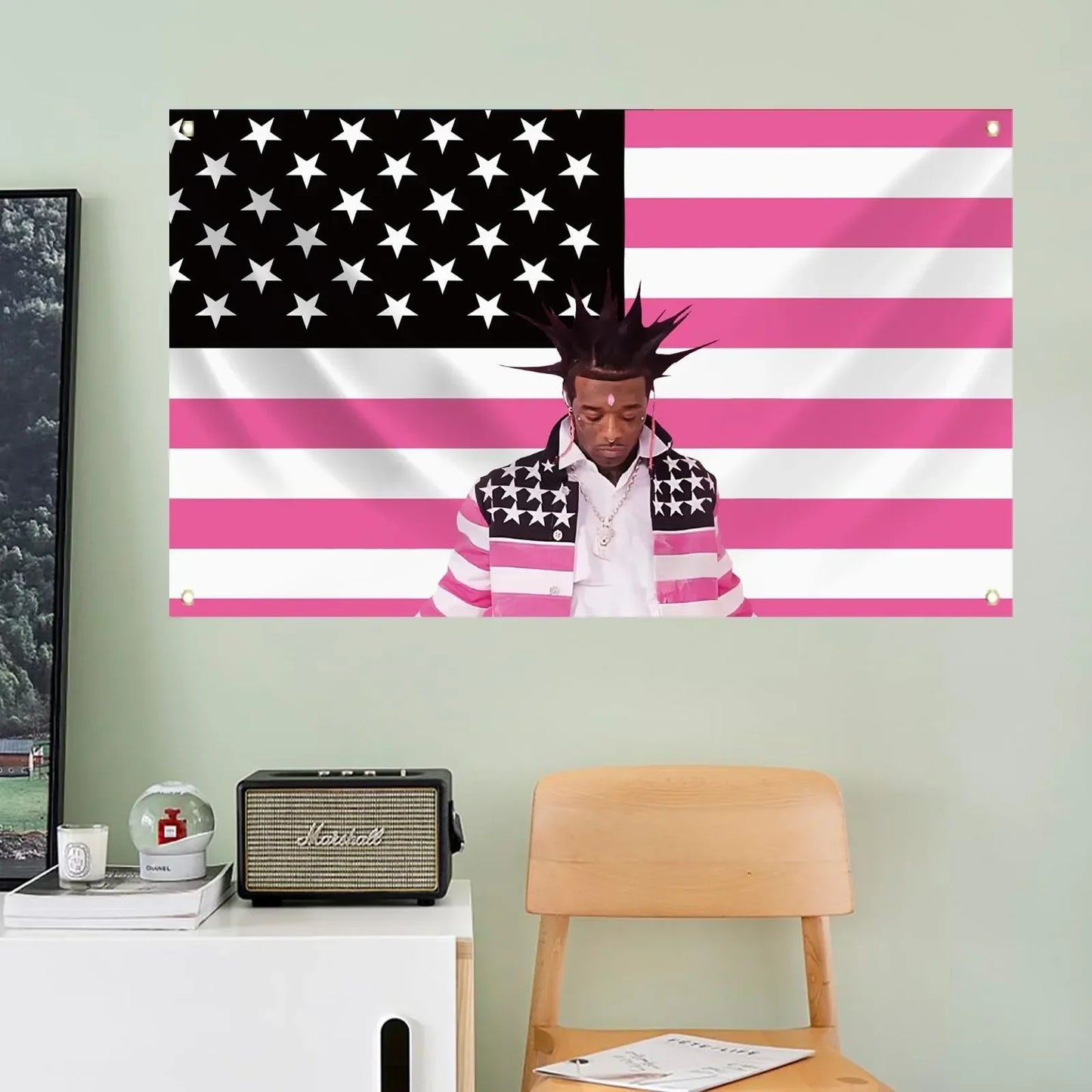 A vibrant pink and white american flag-themed lil uzi vertical pink tape tapestry featuring a spiky-haired portrait