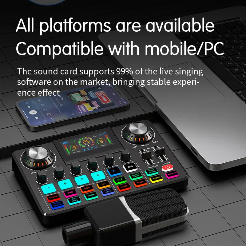 Black and silver live sound card audio mixer with colorful buttons, digital display, rotary knobs, and integrated microphone for podcast gaming 48v