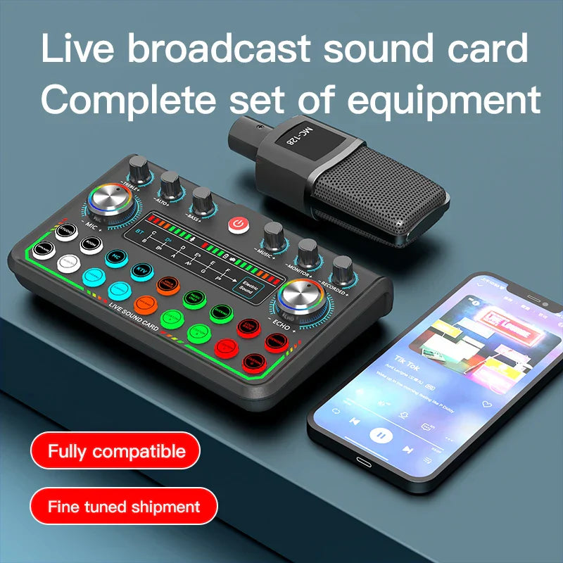 Black and silver live broadcast sound card with colorful knobs and microphone for podcast bluetooth audio mixer game recording live