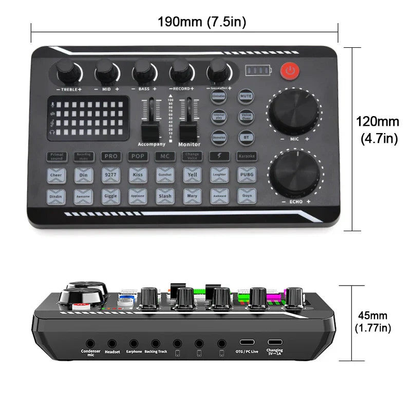 Black compact audio interface with multiple knobs and ports for live streaming singing mixer effects voice and dj mixer