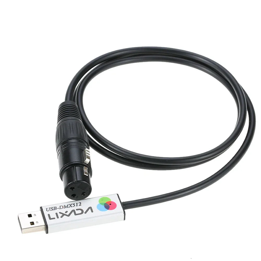 Black Lixada USB lighting dmx interface adapter cable with silver connector housing for stage lighting controller use